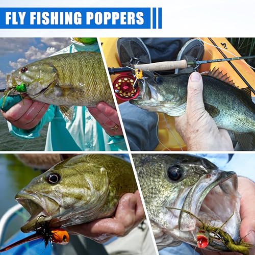 Fly Fishing Popper Flies, Fly Popper Fishing Lures Bass Bluegill Crappie Trout Salmon Panfish Perch Flies Kit for Fly Fishing