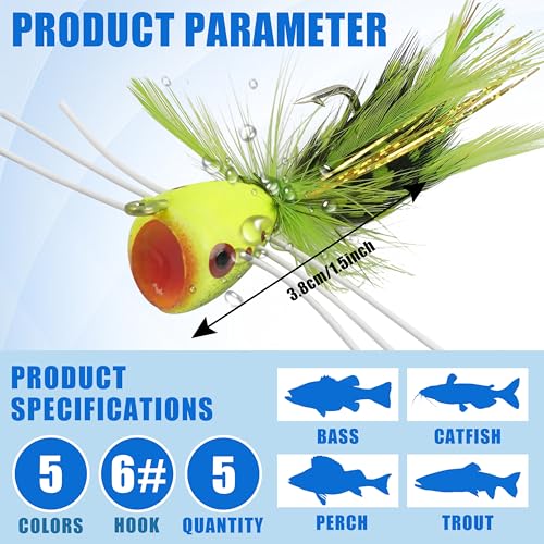 Fly Fishing Popper Flies, Fly Popper Fishing Lures Bass Bluegill Crappie Trout Salmon Panfish Perch Flies Kit for Fly Fishing