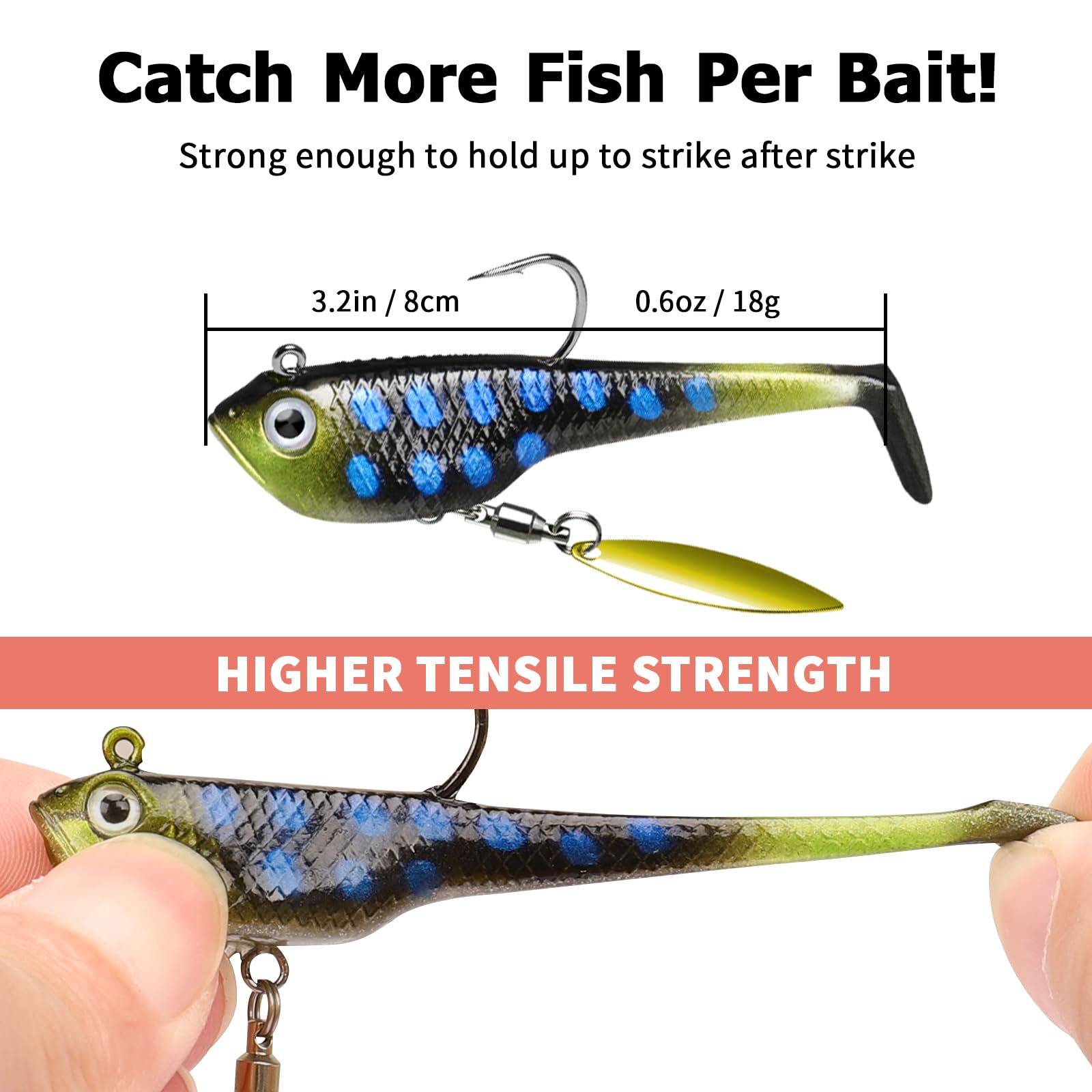 TRUSCEND Easy Catch Pre-Rigged Soft Lures, Unique Vibrating Swim Action and Trembly Sinking Move for More Bites, Amazing Soft Swimbait for Family Fishing, Fishing Lures for Bass Trout Crappie Walleye