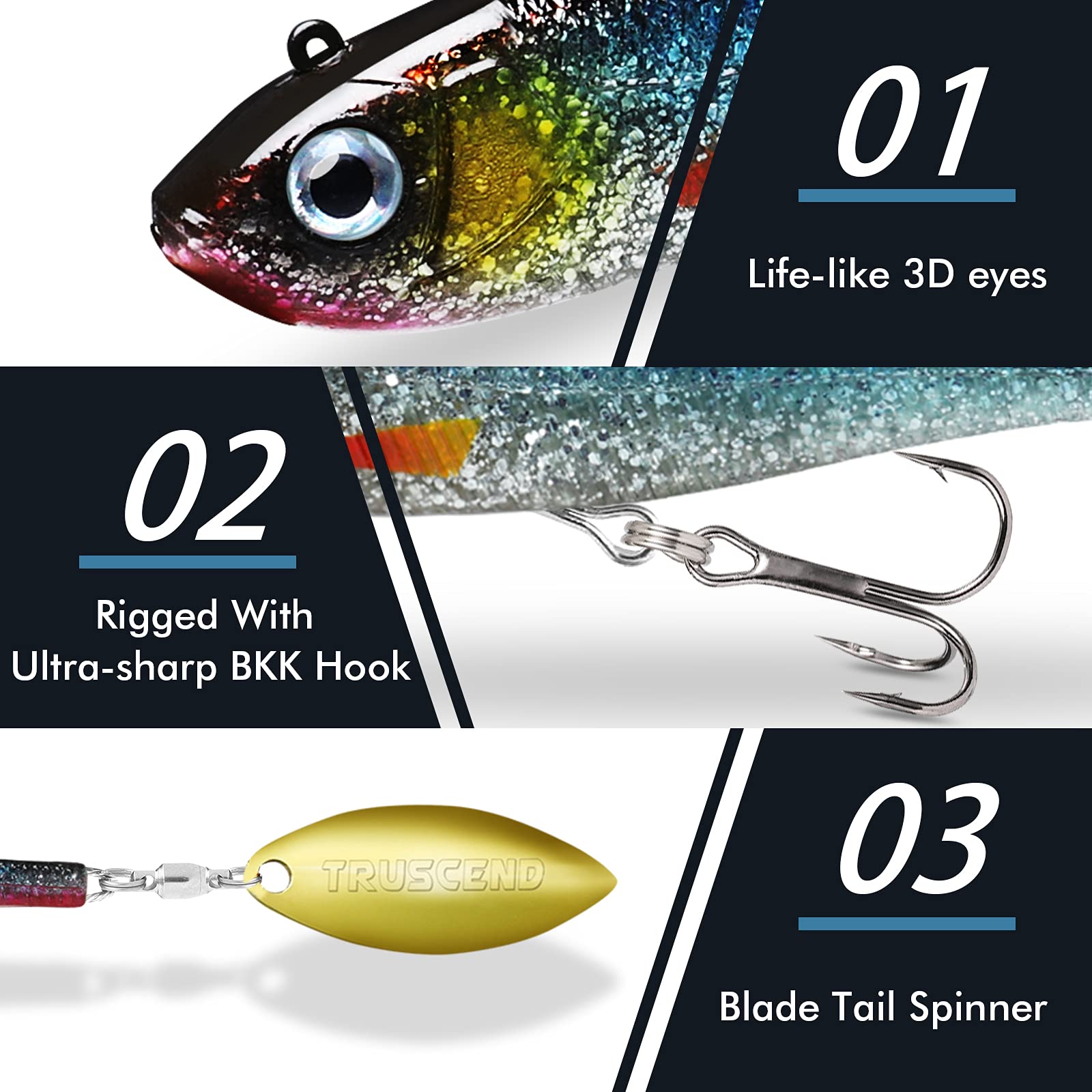 TRUSCEND Easy Catch Pre-Rigged Soft Lures, Unique Vibrating Swim Action and Trembly Sinking Move for More Bites, Amazing Soft Swimbait for Family Fishing, Fishing Lures for Bass Trout Crappie Walleye