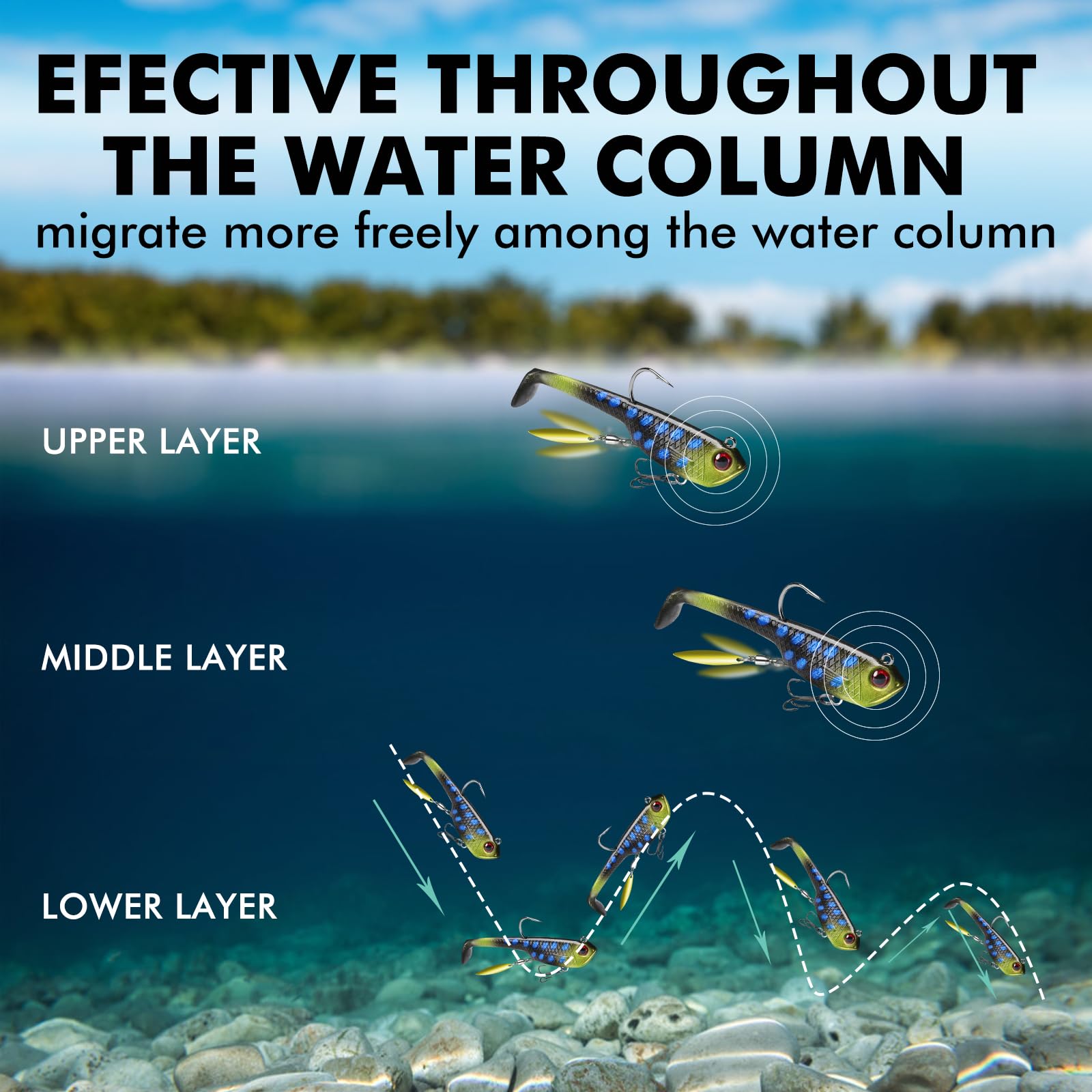 TRUSCEND Easy Catch Pre-Rigged Soft Lures, Unique Vibrating Swim Action and Trembly Sinking Move for More Bites, Amazing Soft Swimbait for Family Fishing, Fishing Lures for Bass Trout Crappie Walleye