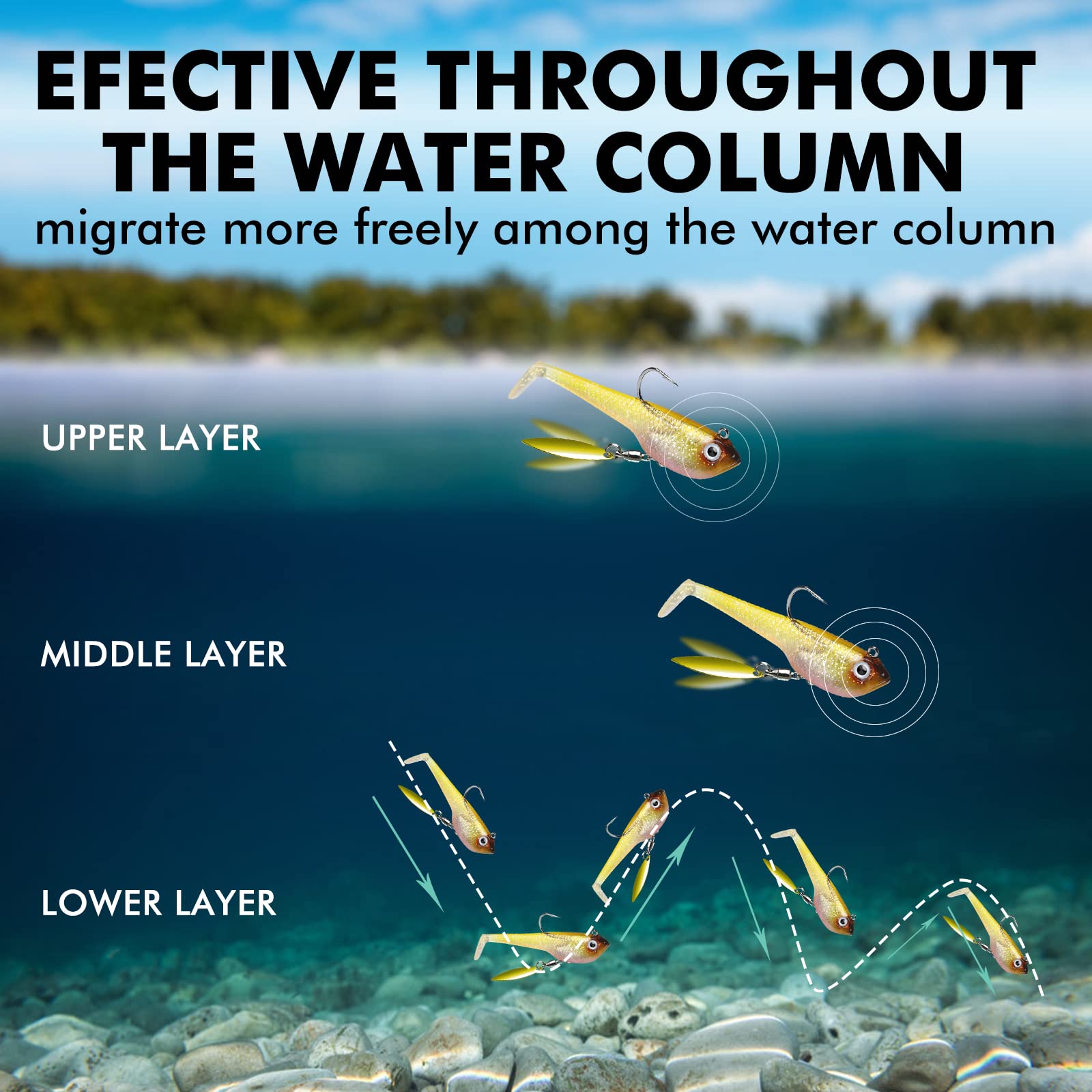 TRUSCEND Easy Catch Pre-Rigged Soft Lures, Unique Vibrating Swim Action and Trembly Sinking Move for More Bites, Amazing Soft Swimbait for Family Fishing, Fishing Lures for Bass Trout Crappie Walleye