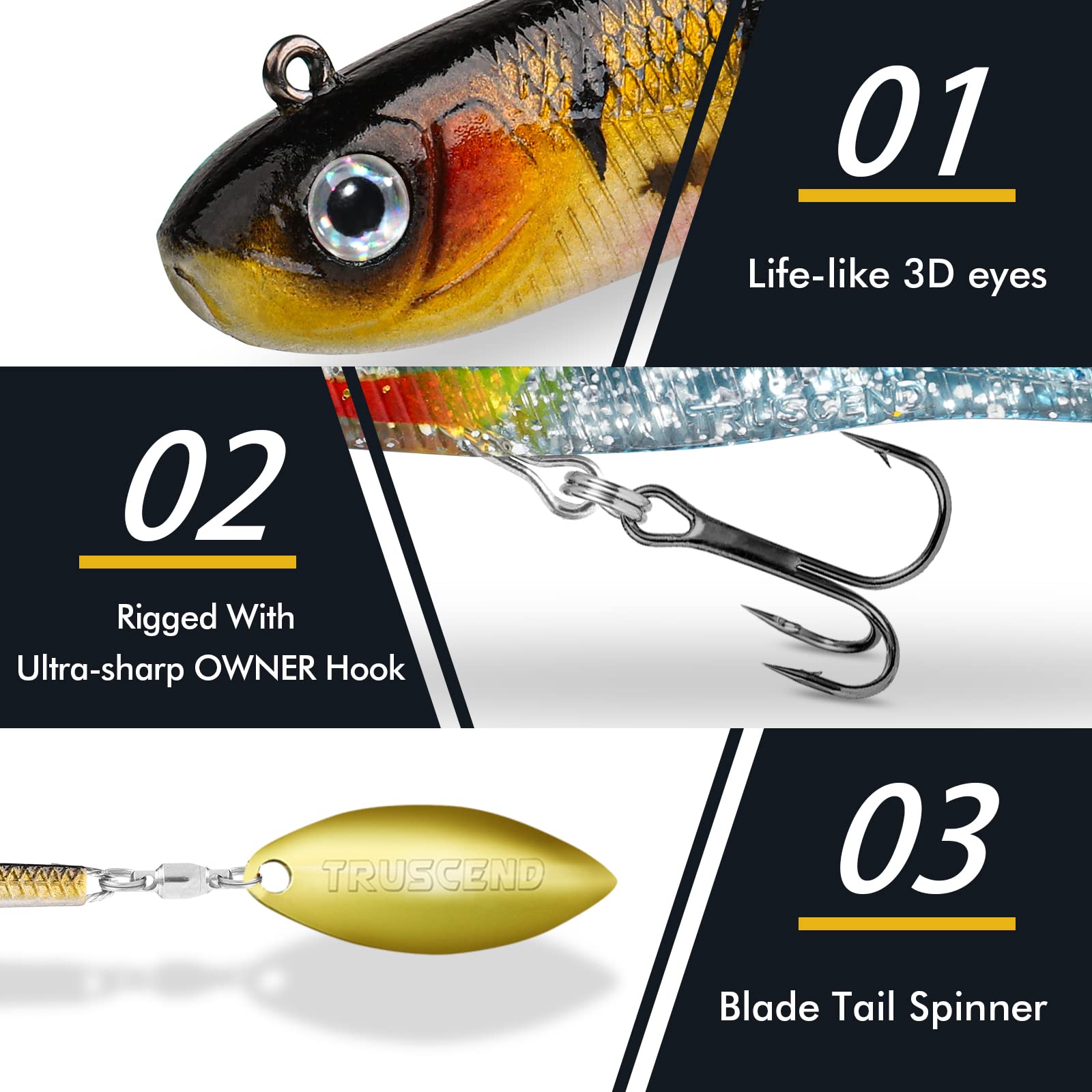 TRUSCEND Easy Catch Pre-Rigged Soft Lures, Unique Vibrating Swim Action and Trembly Sinking Move for More Bites, Amazing Soft Swimbait for Family Fishing, Fishing Lures for Bass Trout Crappie Walleye