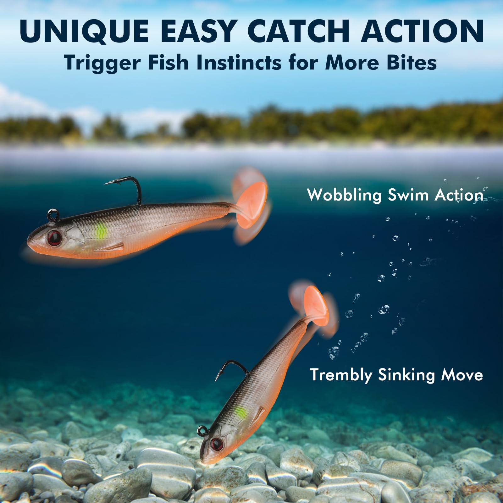 TRUSCEND Easy Catch Pre-Rigged Soft Lures, Unique Vibrating Swim Action and Trembly Sinking Move for More Bites, Amazing Soft Swimbait for Family Fishing, Fishing Lures for Bass Trout Crappie Walleye