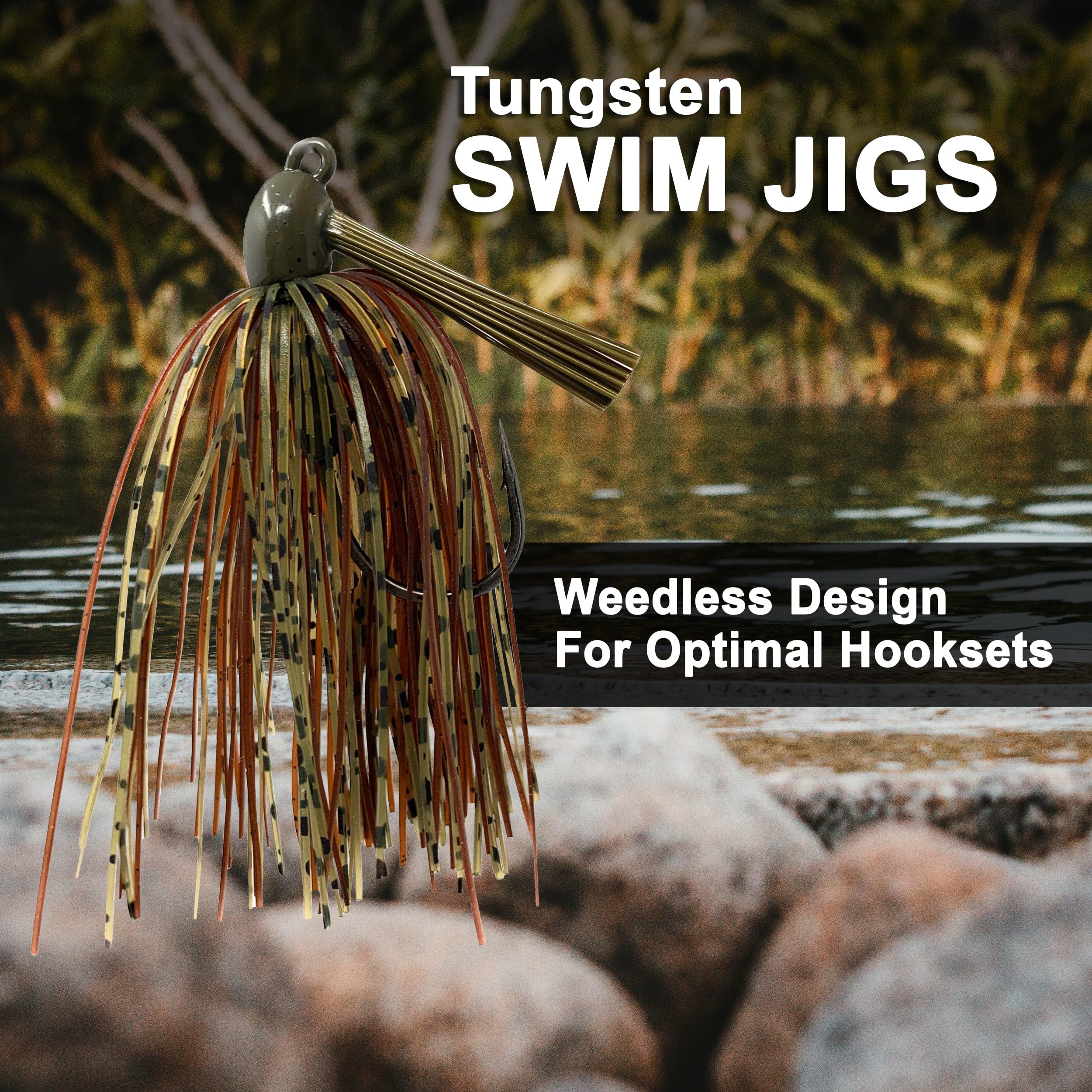 Reaction Tackle Tungsten Swim Jig for Bass Fishing - Weedless Design with 97% Pure Tungsten Jig Head and Silicone Skirt - Fishing Tackle for Pike, Walleye and Muskie and More (2-Pack)
